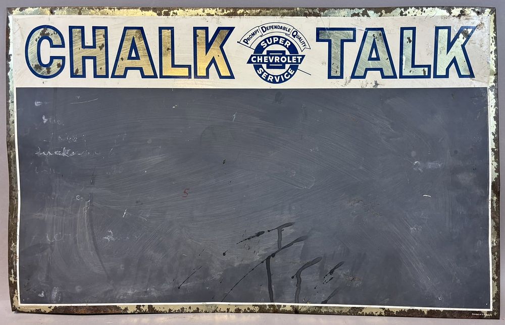 Lot 207: Chalk Talk 60s Super Chevrolet Service Original SST Tin Painted Chalkboard Sign