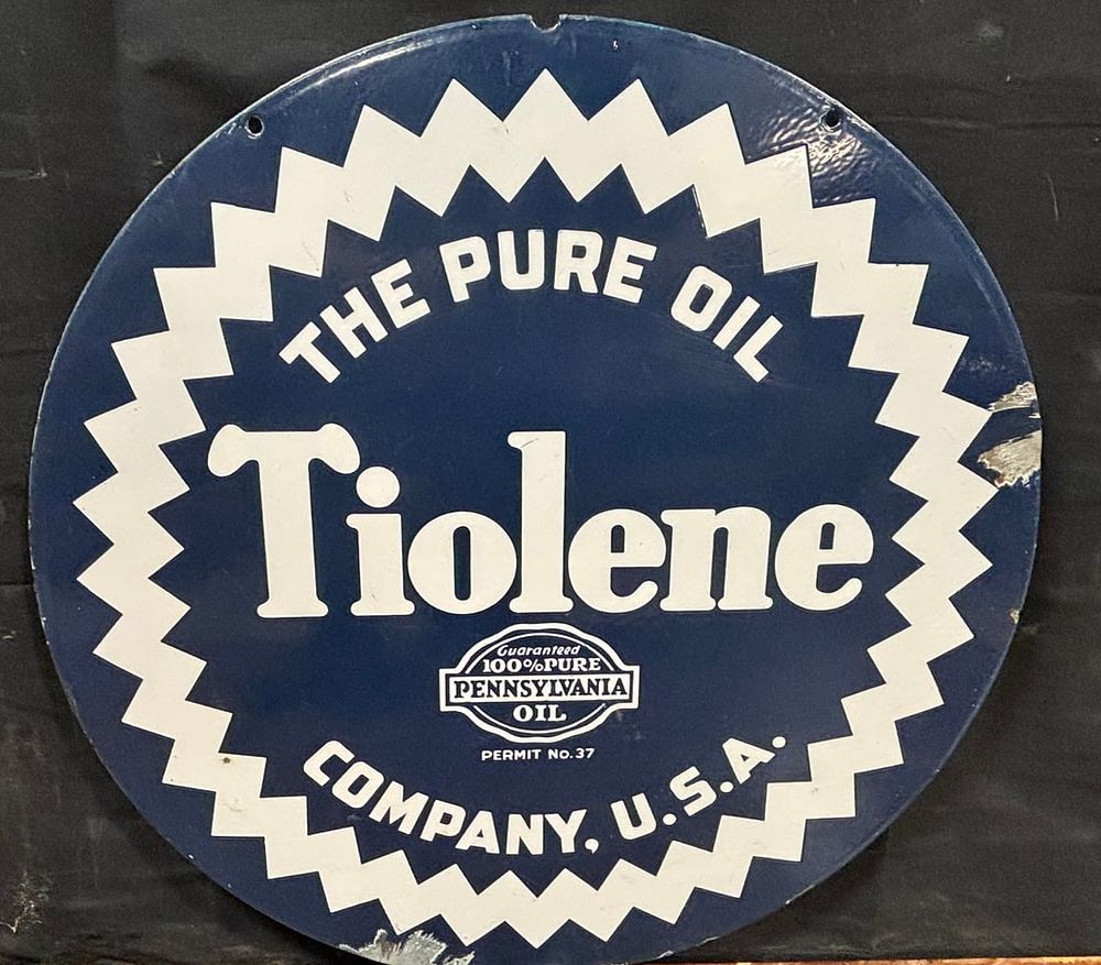 Lot 210: The Pure Oil Tiolene 26.5" DSP Porcelain Advertising Service Station Sign Ca 30s