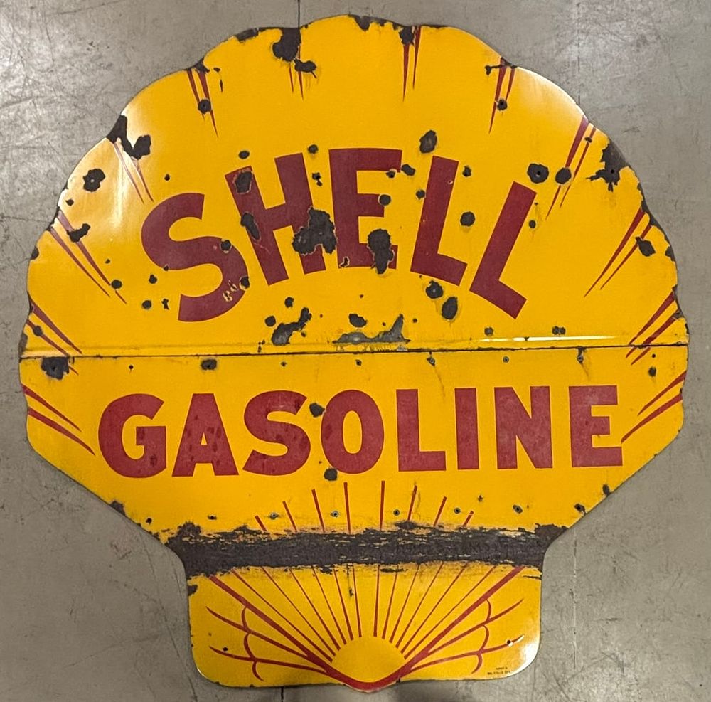 Lot 215: 1929 Shell Gasoline 2 Piece Diecut SSP Porcelain Gas Service Station Sign