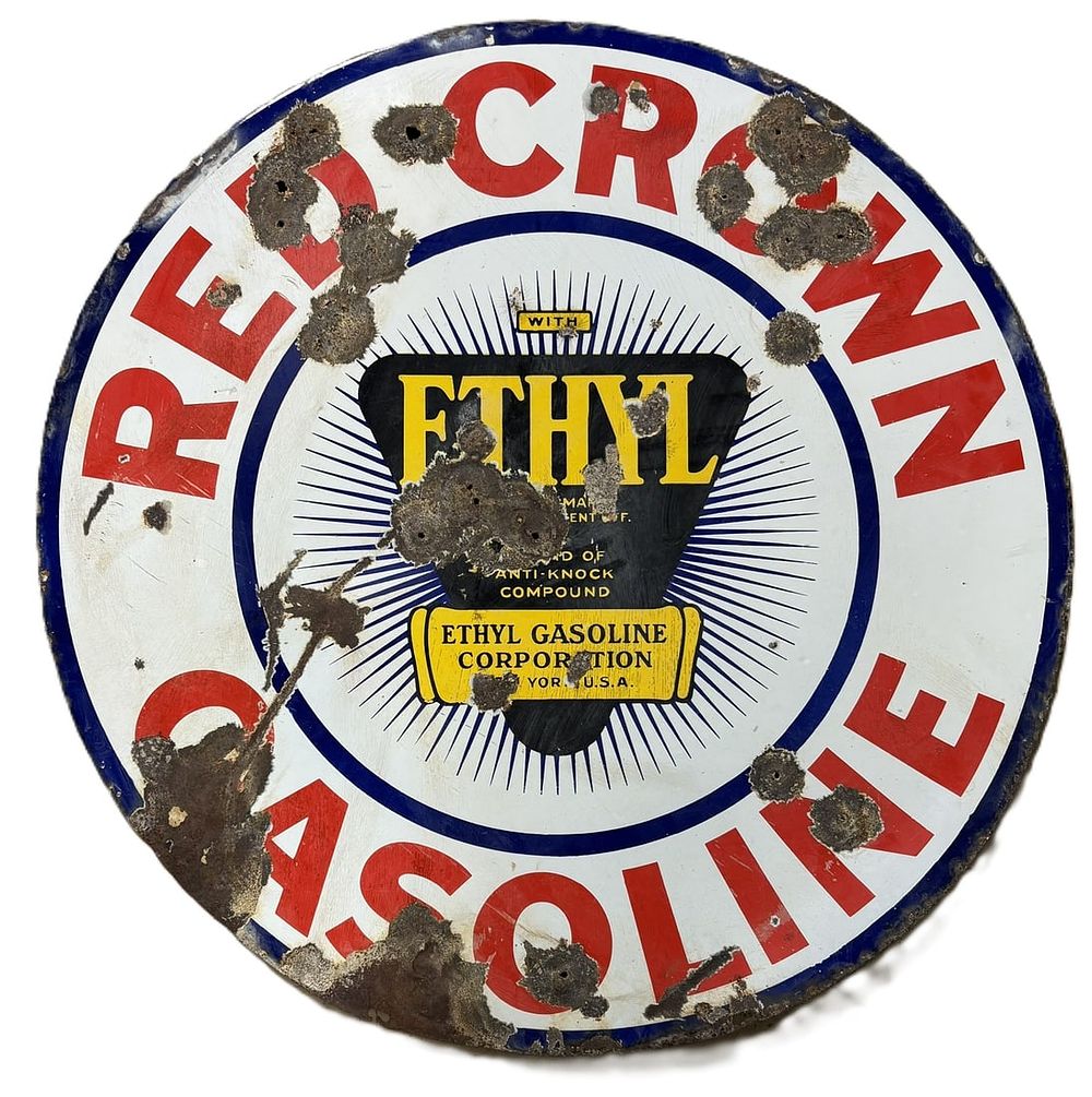 Lot 216: Red Crown Gasoline Ethyl 30" DSP Porcelain Advertising Gas Station Sign