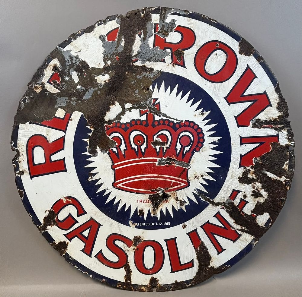 Lot 217: Red Crown Gasoline Original 1915 Pat'd SSP Porcelain Advertising Gas Sign