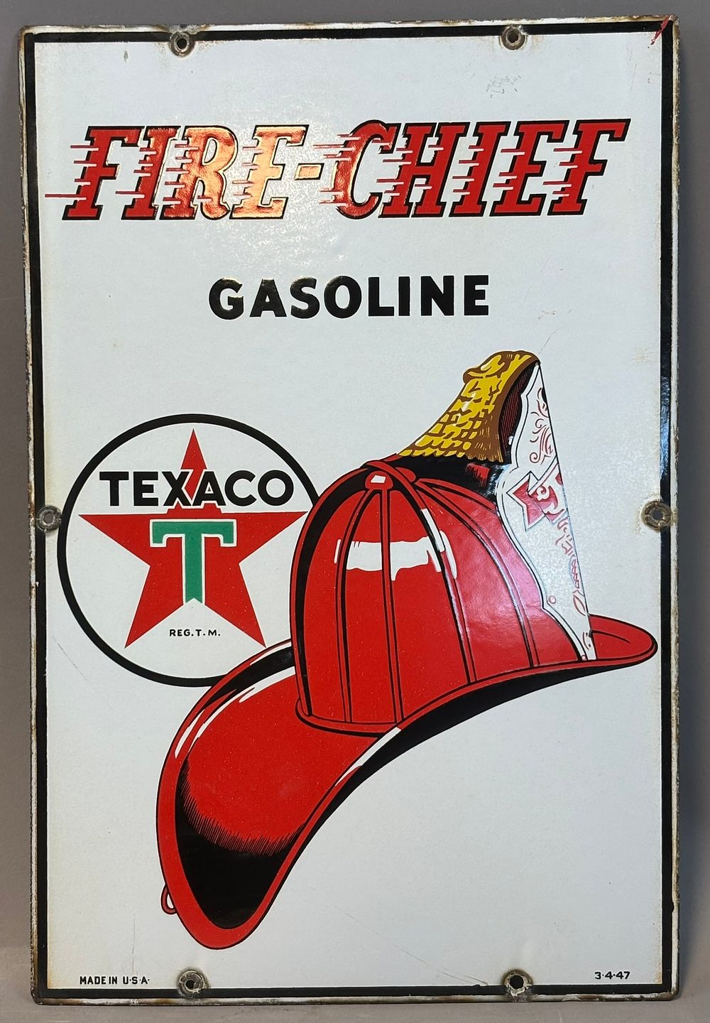 Lot 218: Fire Chief Gasoline SSP 1947 Porcelain Gas Pump Plate Advertising Sign #1