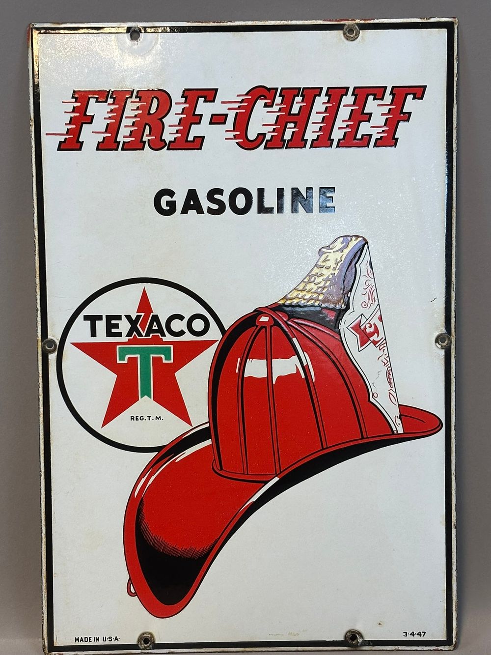 Lot 219: Fire Chief Gasoline SSP 1947 Porcelain Gas Pump Plate Advertising Sign #2