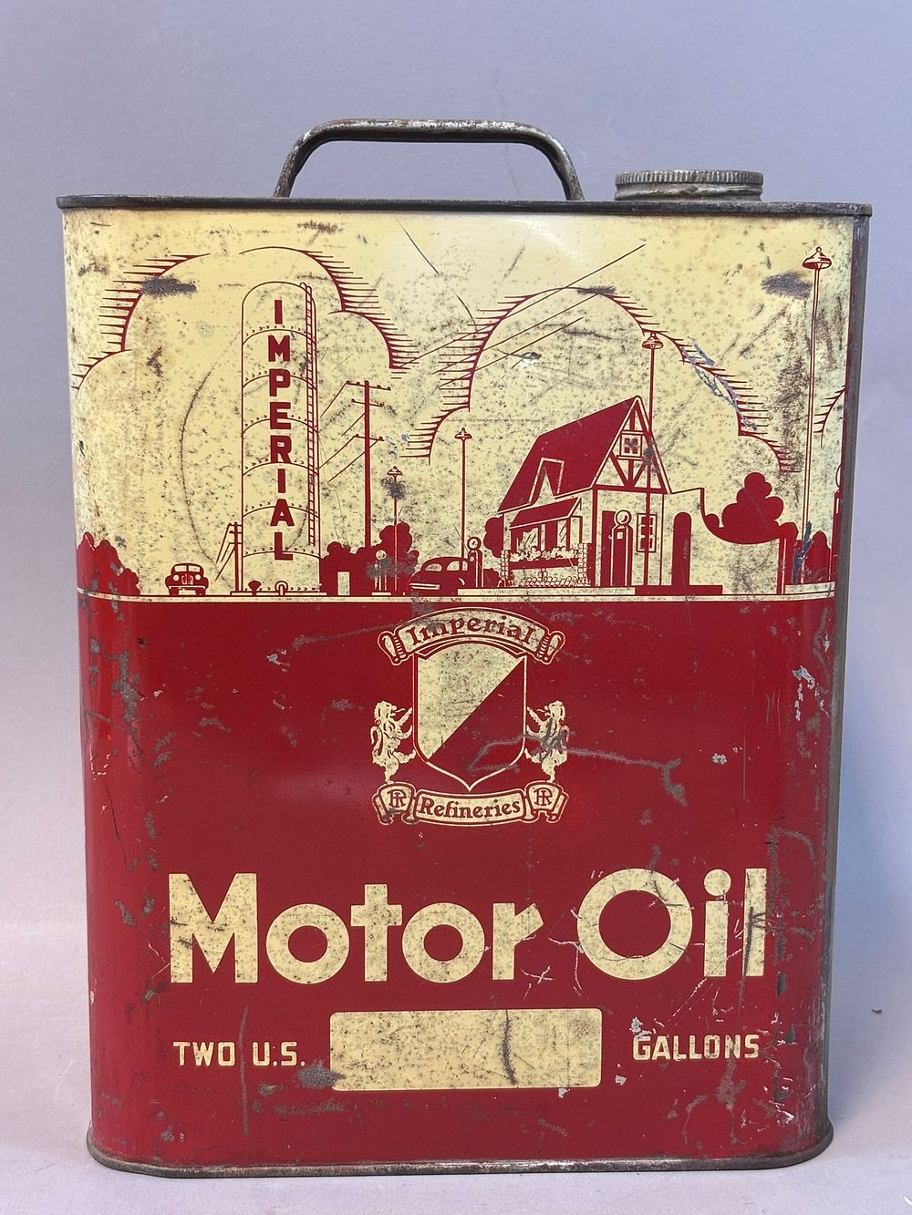 Lot 224: Imperial Refineries 2 Gallon Motor Oil Can w/ Tanker & Service Station Graphics