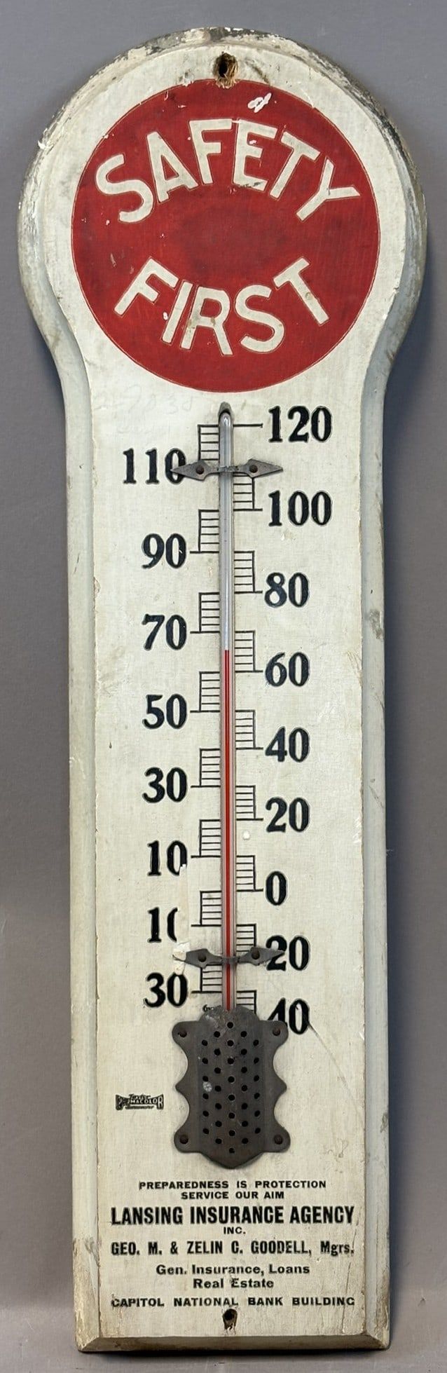 Lot 229: Safety First Lansing Insurance Agency Key Hole Wooden Advertising Thermometer