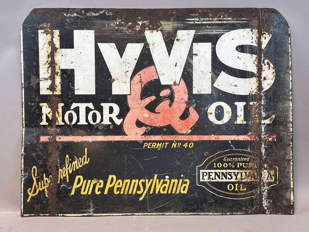Lot 231: Hyvis Motor Oil DST Tin Metal Pennsylvania Oil Advertising Service Station Sign