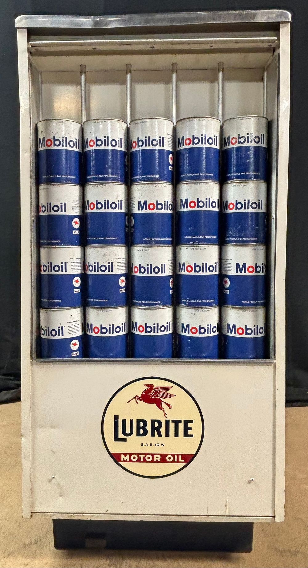 Lot 241: Lubrite Mobil Oil Seloil Oil Display Service Cabinet 20 Full Mobiloil Quart Cans
