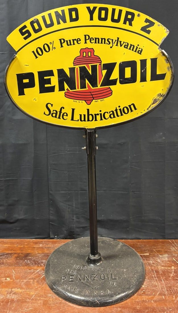 Lot 251: Pennzoil Sound Your Z DST 1949 Curbside Metal Advertising Sign w/ Cast Iron Base