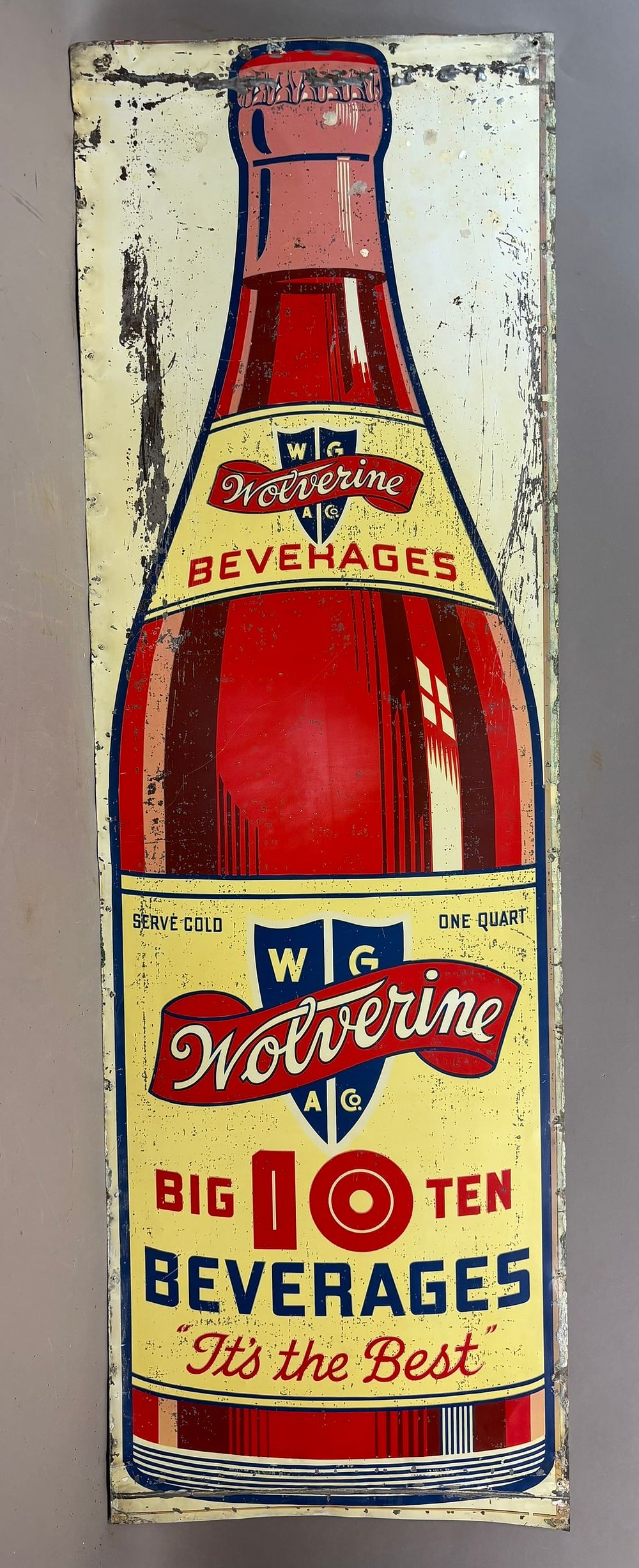 Lot 254: Wolverine Big 10 Beverages Original SST Tin Metal 1930s Soda Pop WGA & Co Sign