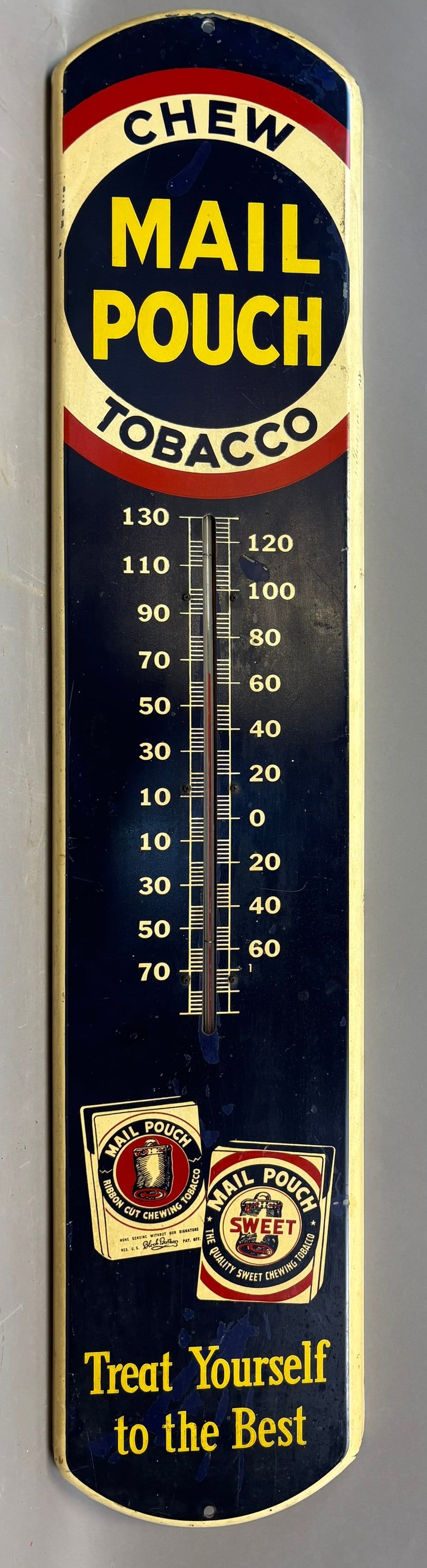 Lot 256: Chew Mail Pouch Original Painted Metal 39" Treat Yourself Thermometer Sign