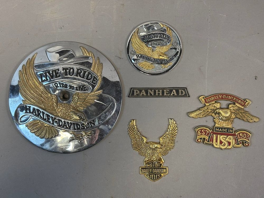 Lot 264: Lot 5 Original Harley Davidson Live To Ride Panhead Motorcycle Emblems Signs