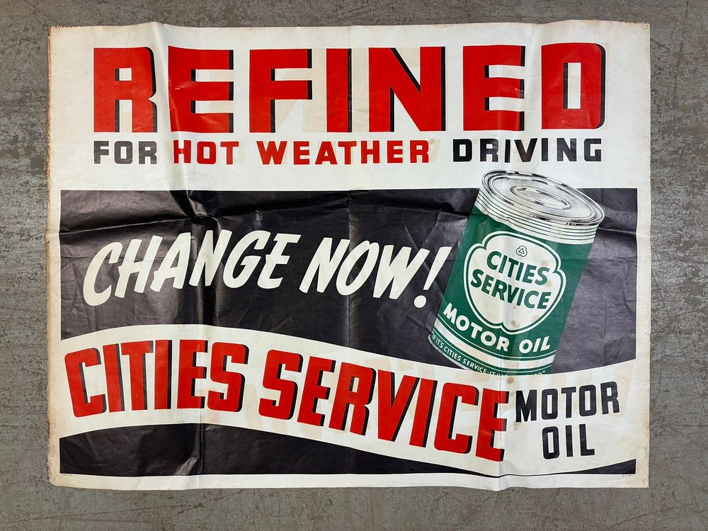 Lot 275: Cities Service Refined For Hot Weather 1950 Paper Advertising Motor Oil Sign
