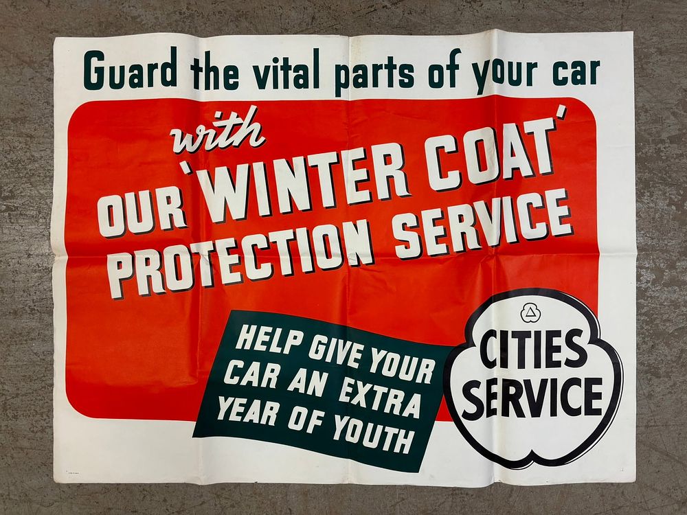 Lot 276: Cities Service Winter Coat Protection 50s Paper Advertising Service Station Sign