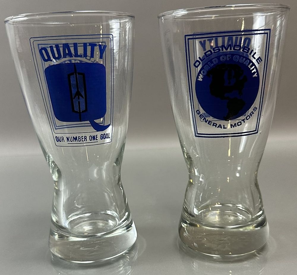 Lot 299C: Pair Oldsmobile Quality Our Number One Goal Glass Drink Glasses