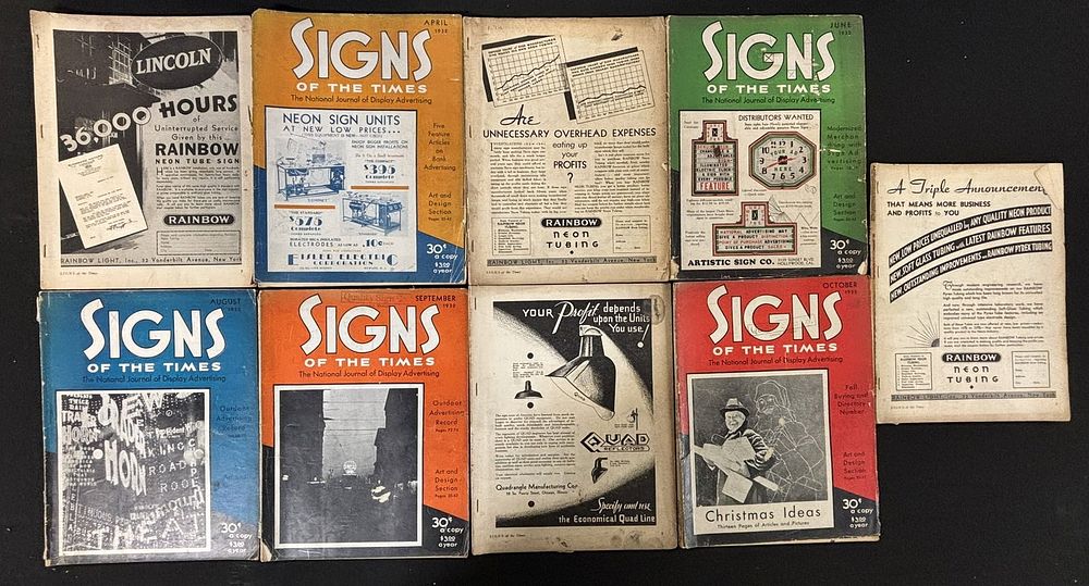 Lot 307: Lot 7 1932 Signs Of The Times Original Advertising Neon Sign Magazines Gas & Oil