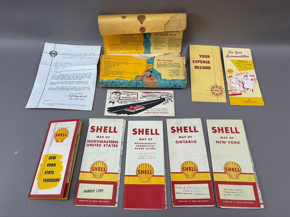 Lot 320A: Lot 10 1950s Shell Road Trip Brochure Booklet Maps Expense Records NY MA CT RI