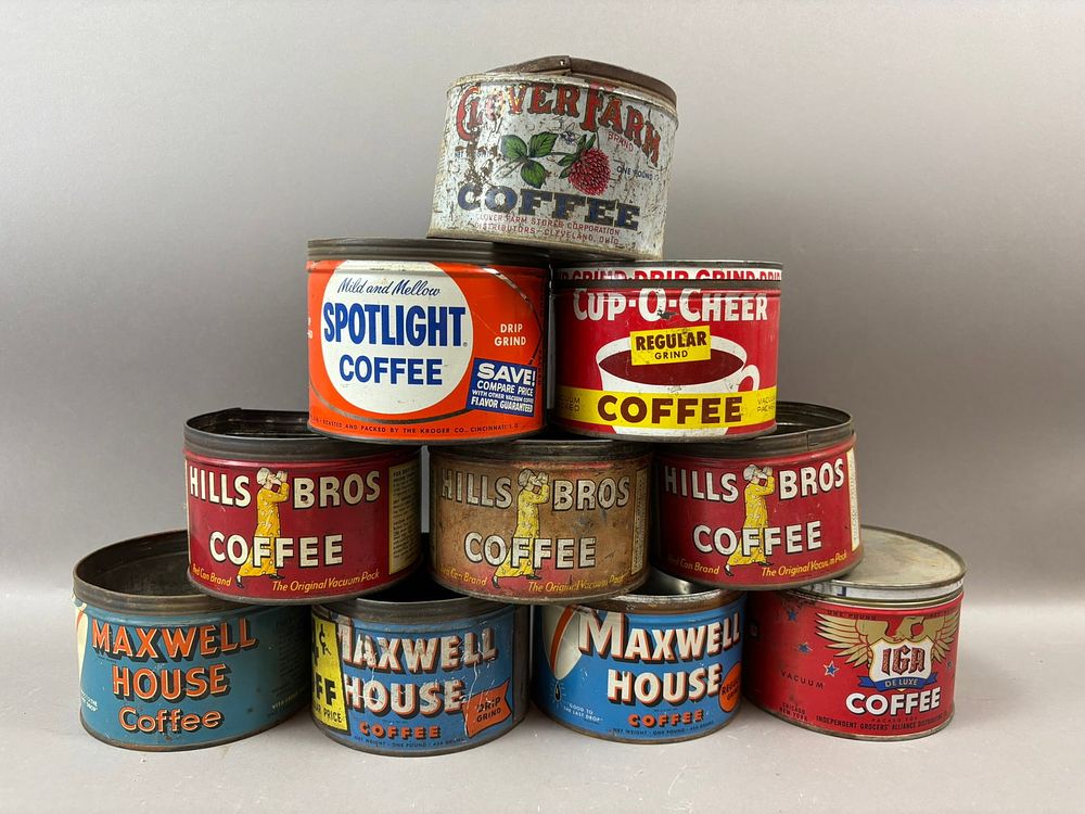 Lot 321: Lot 10 Clover Farm Spotlight Hills Bros IGA Maxwell House 1LB Tin Coffee Can