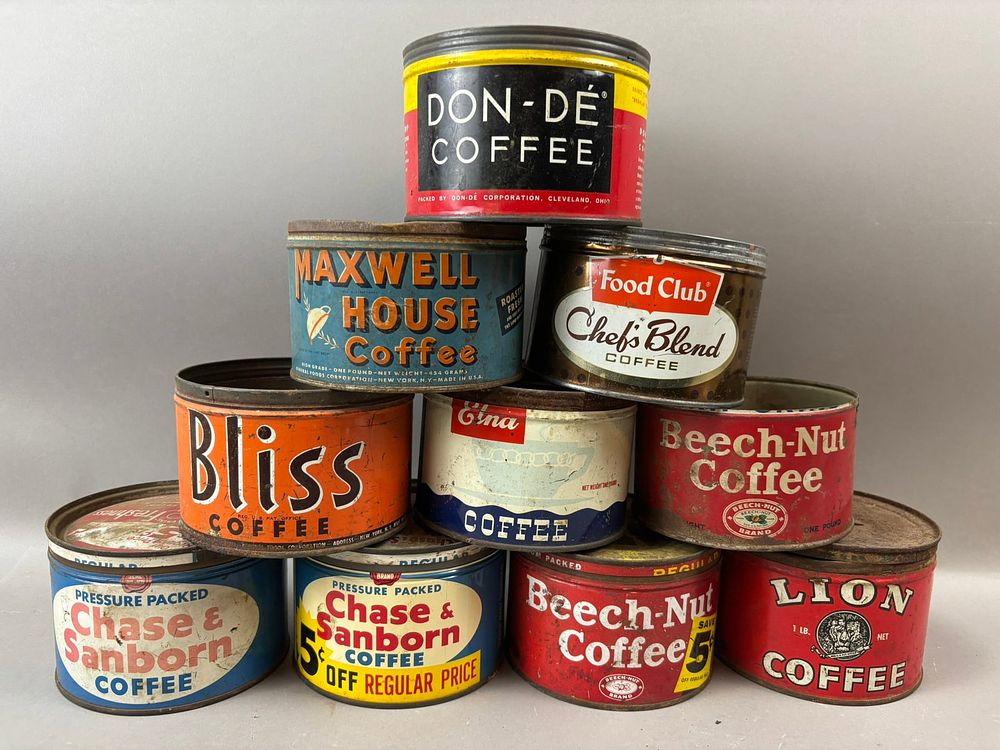 Lot 322: Lot 10 Beech-Nut Lion Chase Sanborn Bliss Don-De Elma 1LB 40s Tin Coffee Can