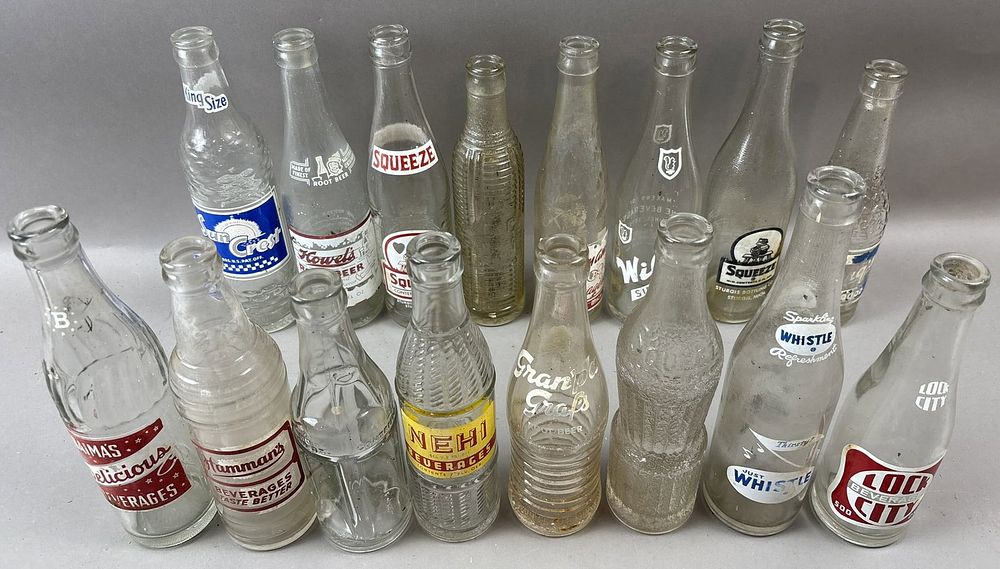Lot 330: Lot 16 Nehi Lock City Hamman's Howel's Baima's Orange Crush ACL Soda Bottles