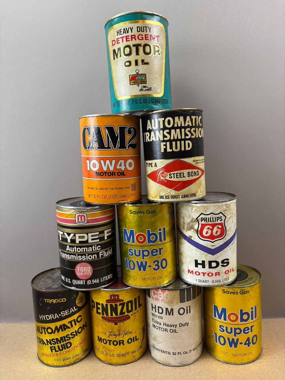 Lot 336: Lot 10 Full K-Mart Phillips 66 Mobil Case Cam 2 ATF Composite Quart Oil Can