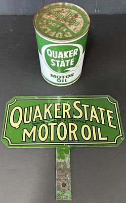 Quaker State Motor Oil Lubester Paddle Sign w/ Quart Can. Measures roughly 9.75" wide x 4.5" 