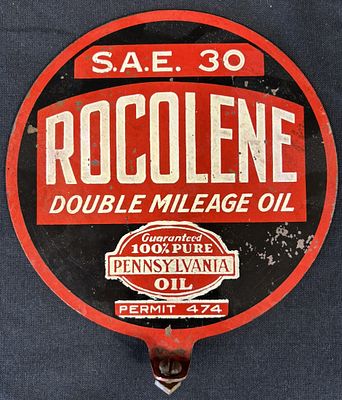 Rocolene 100% Pure Original Metal Lubester Paddle Sign. 7" Diameter. Great original painted 