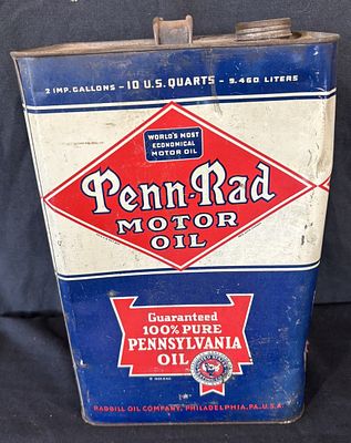 Penn-Rad Motor Oil 2 Imperial Gallons Quart Metal Can. Great original graphics. Wear as shown. 