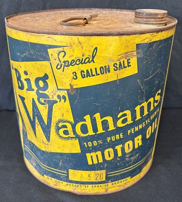 Wadhams "Big W" Special 3 Gallon 1930s Motor Oil Can. Extremely scarce and hard to find 1930s 