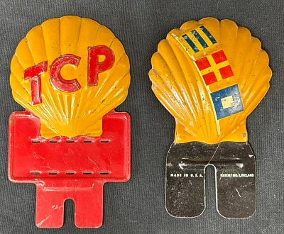 Pair Shell TCP 30s Embossed Gas Station License Plate Toppers. Great original graphics. Wear as 