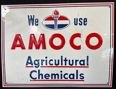 We Use AMOCO Agricultural Chemical Embossed SST Tin Sign. Marked SP 2232 F - 16" x 12" roughly