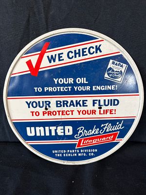 We Check Your Brake Fluid NAPA SST Painted Metal Rack Sign. 10" diameter