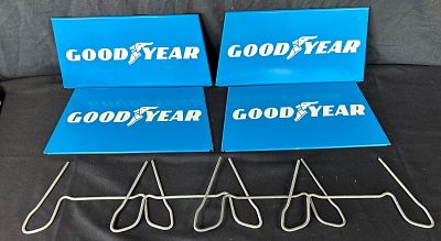 Pair 80s Goodyear Painted Metal Store Display Tire Rack Sign. Great original graphics. Wear as 