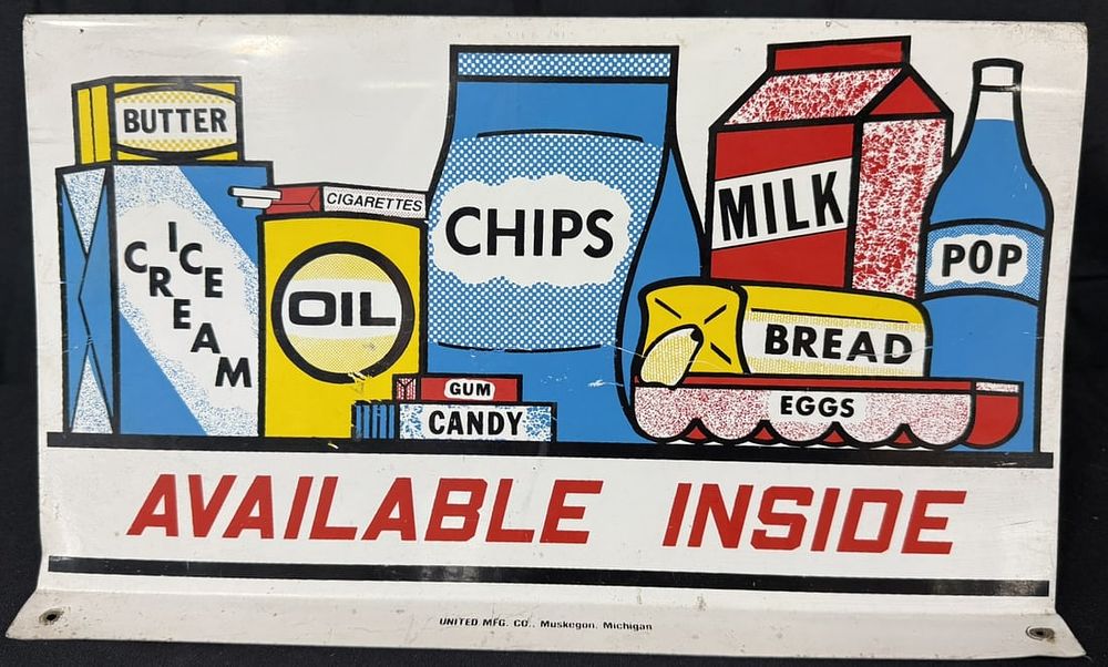 Lot 224: Butter Ice Cream Oil Chips Milk Bread DST Metal Gas Pump Topper Sign