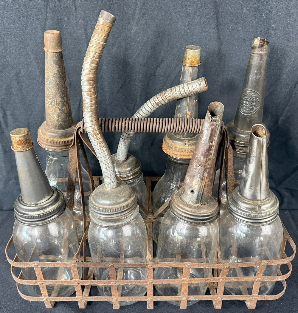 Lot 229: Lot 8 Gas Station Metal Quart Carrier Glass Bottle Spout