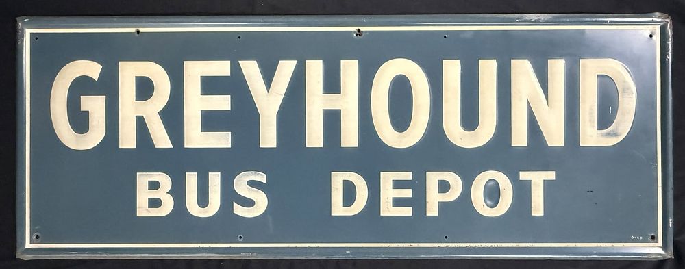Lot 274: Greyhound Bus Depot Self Framed Tin Embossed Station Sign