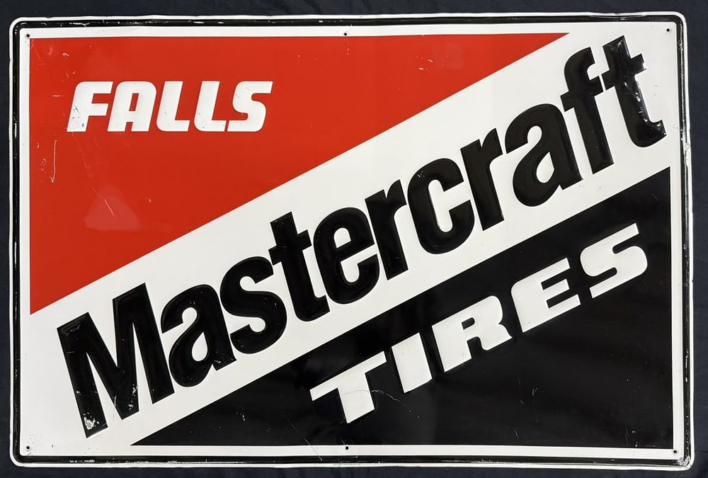 Lot 280: Falls Mastercraft Tires SST Tin Metal Embossed Sign