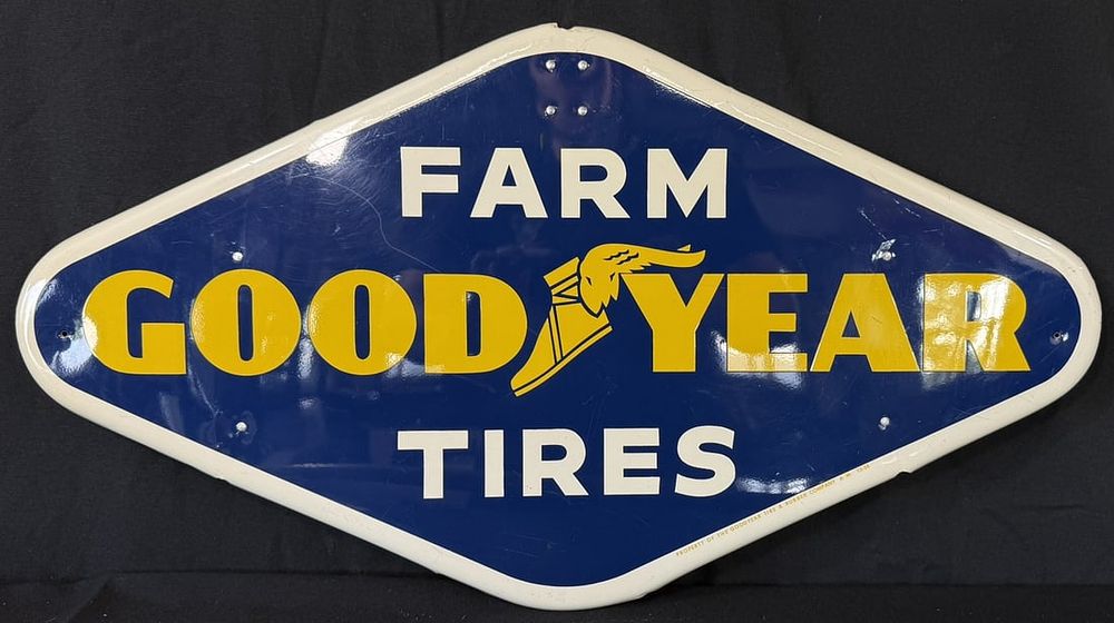 Lot 289: Goodyear Farm Tires SST Embossed Tire Rack Advertising Sign