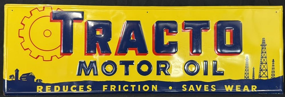 Lot 290: NOS Tracto Motor Oil SST Tin Embossed Gas Station Sign