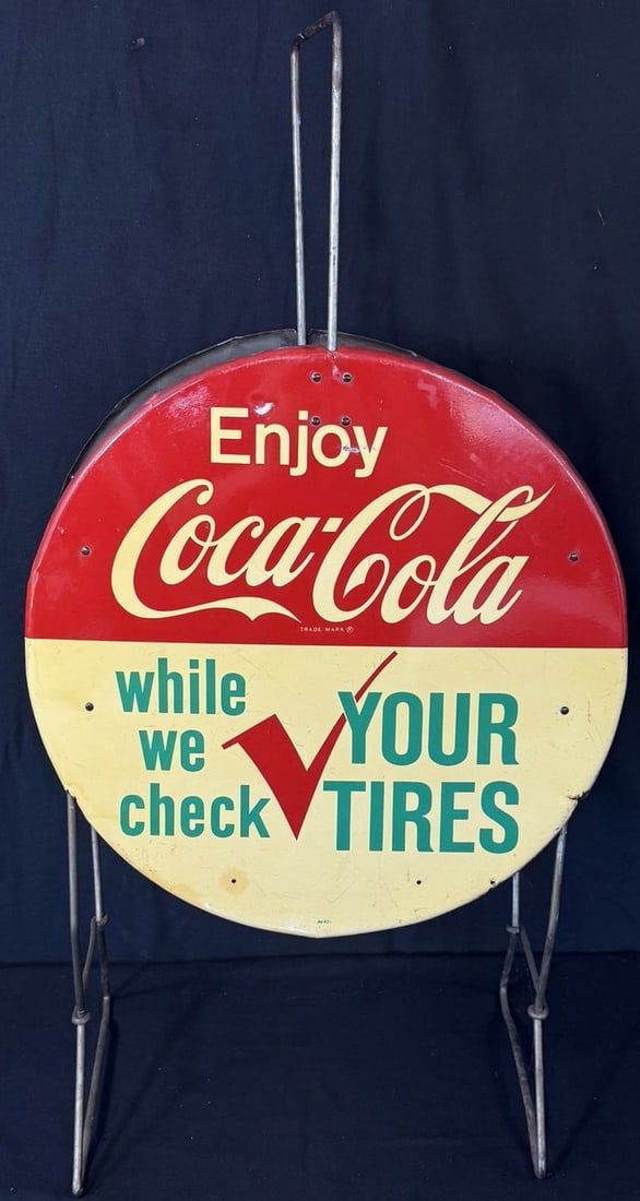 Lot 291: Enjoy Coca Cola While We Check Tires Tin Tire Display Rack
