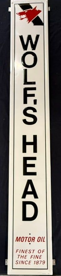 Lot 298: Wolf's Head Motor Oil SST Embossed 7' Self Framed Sign