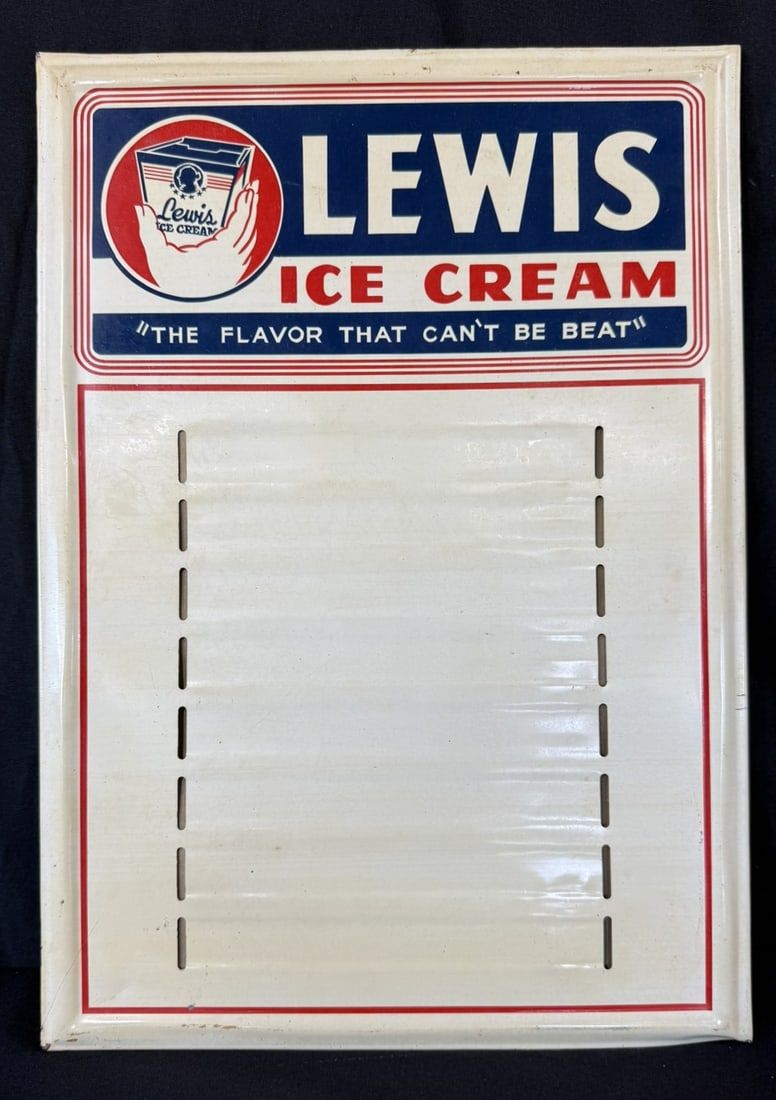 Lot 319: Lewis Ice Cream Can't Be Beat SST Tin Cardboard Menu Sign