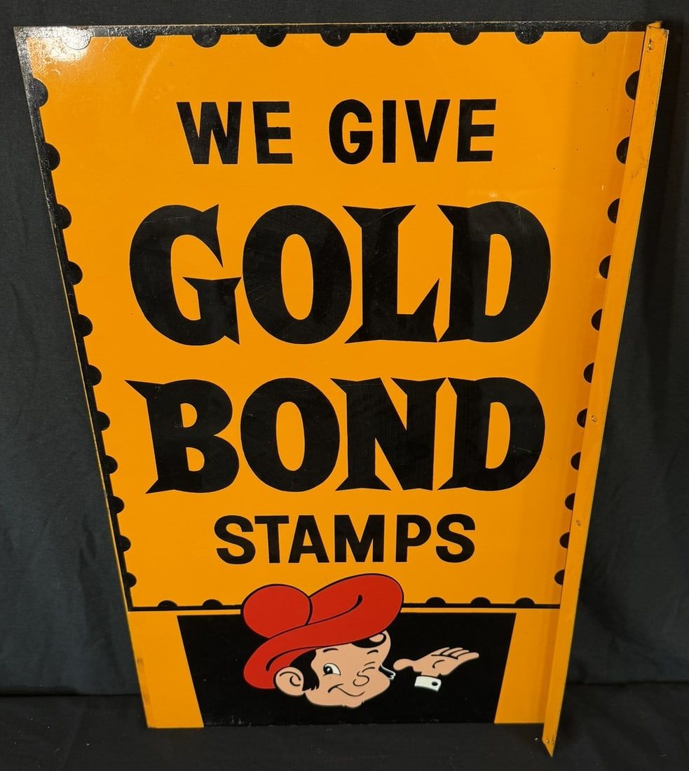 Lot 323: We Give Gold Bond Stamps DST Painted Metal Flange Sign