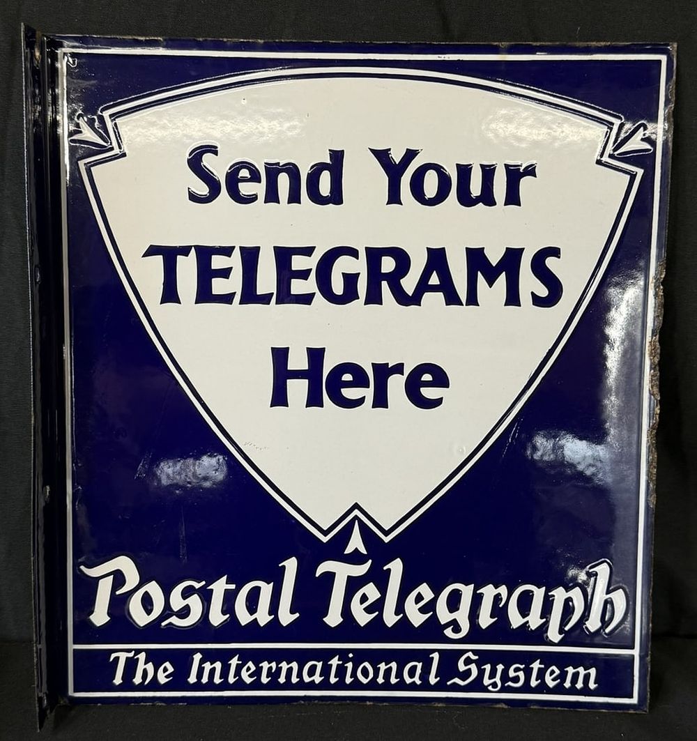 Lot 324: Send Telegrams Here Postal Telegraph Porcelain Flange Sign