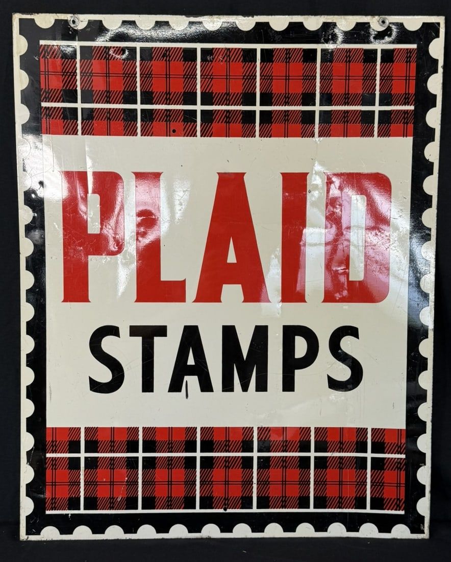 Lot 327: Plaid Stamps DST Painted Metal Hanging Advertising Sign