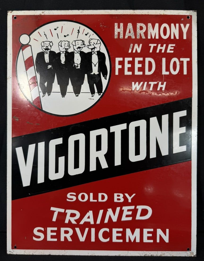 Lot 337: Vigortone Harmony In The Feed Lot SST Painted Metal Pig Sign