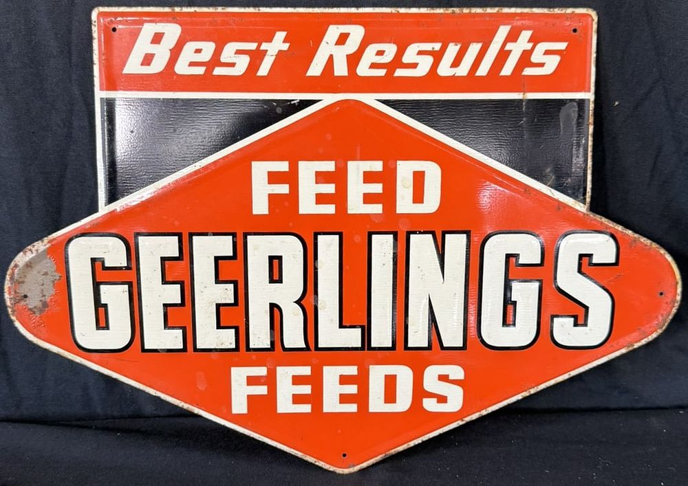 Lot 355: Feed Geerlings Feeds Best Results SST Tin Metal Farm Sign
