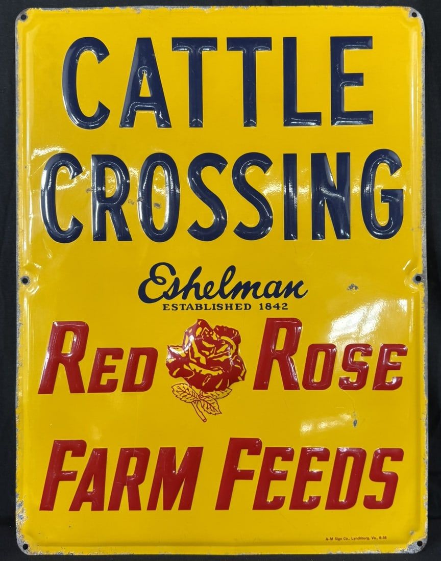 Lot 367: Cattle Crossing Red Rose Farm Feeds Eshelman Embossed Sign