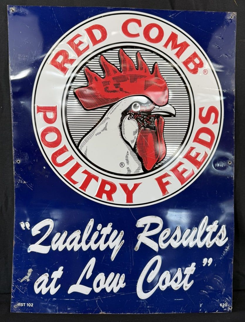 Lot 374: Red Comb Poultry Feeds SST Embossed Farm Advertising Sign