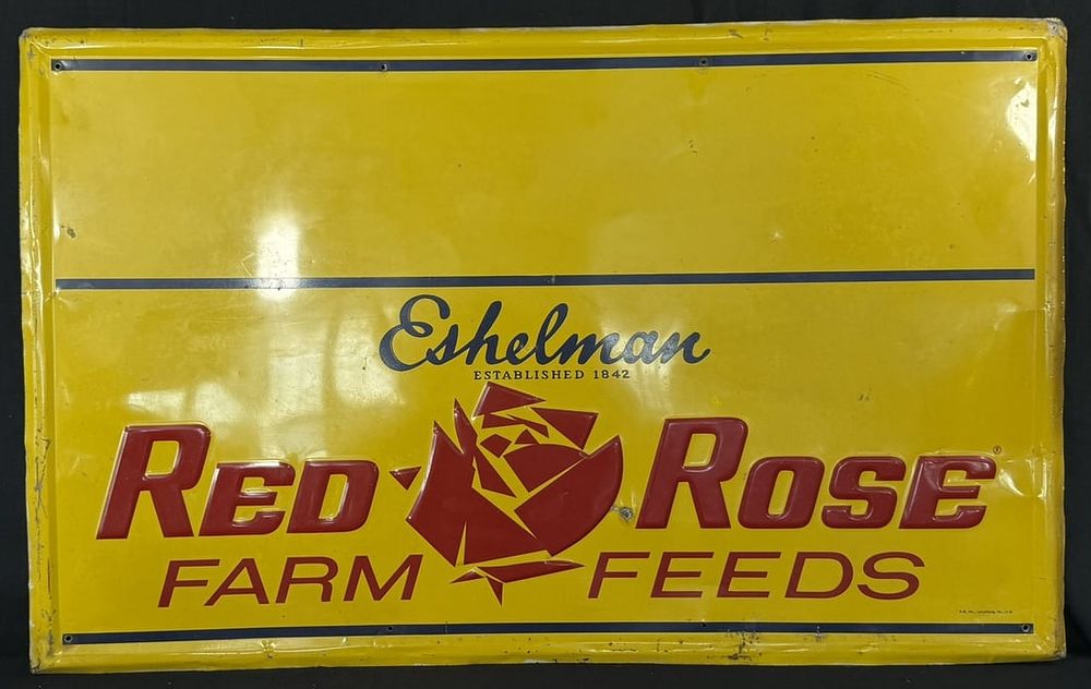 Lot 383: Red Rose Farm Feeds by Eshelman SST Tin Embossed Farm Sign