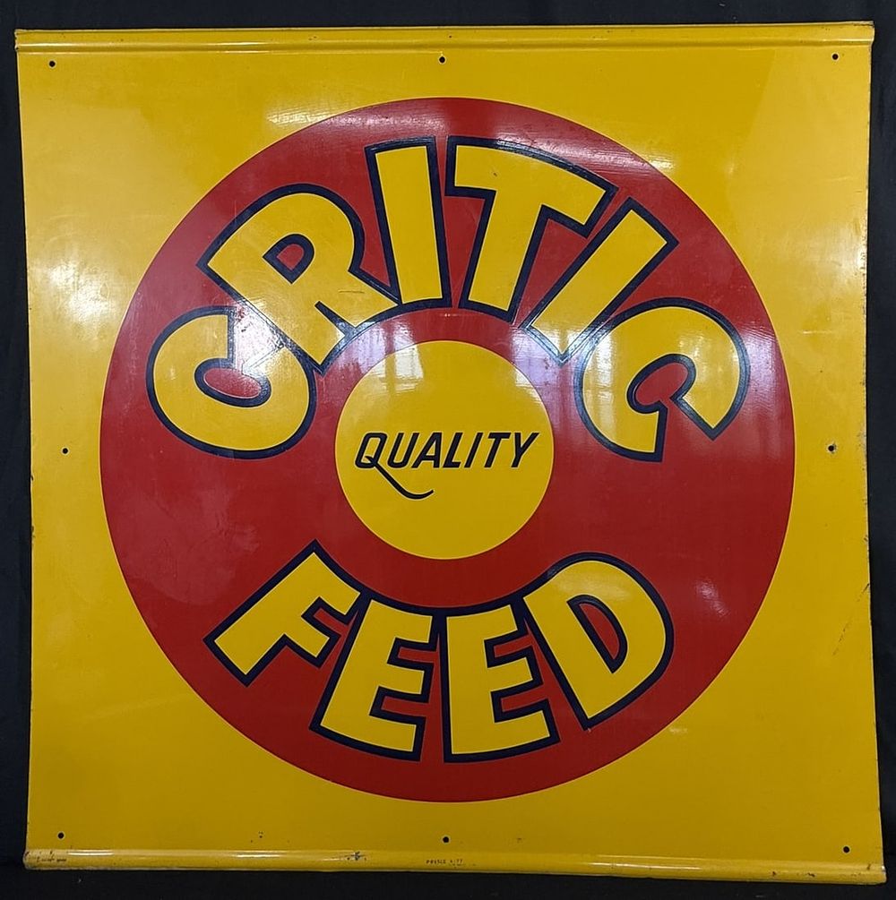 Lot 384: Critic Feed SST Tin Self Framed 3' Farm Advertising Sign